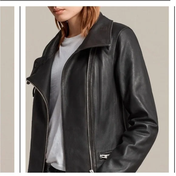 AllSaints Bales Leather Biker Jacket Black Lamb Leather Asymmetric Zip – US 0 - Picture 3 of 10